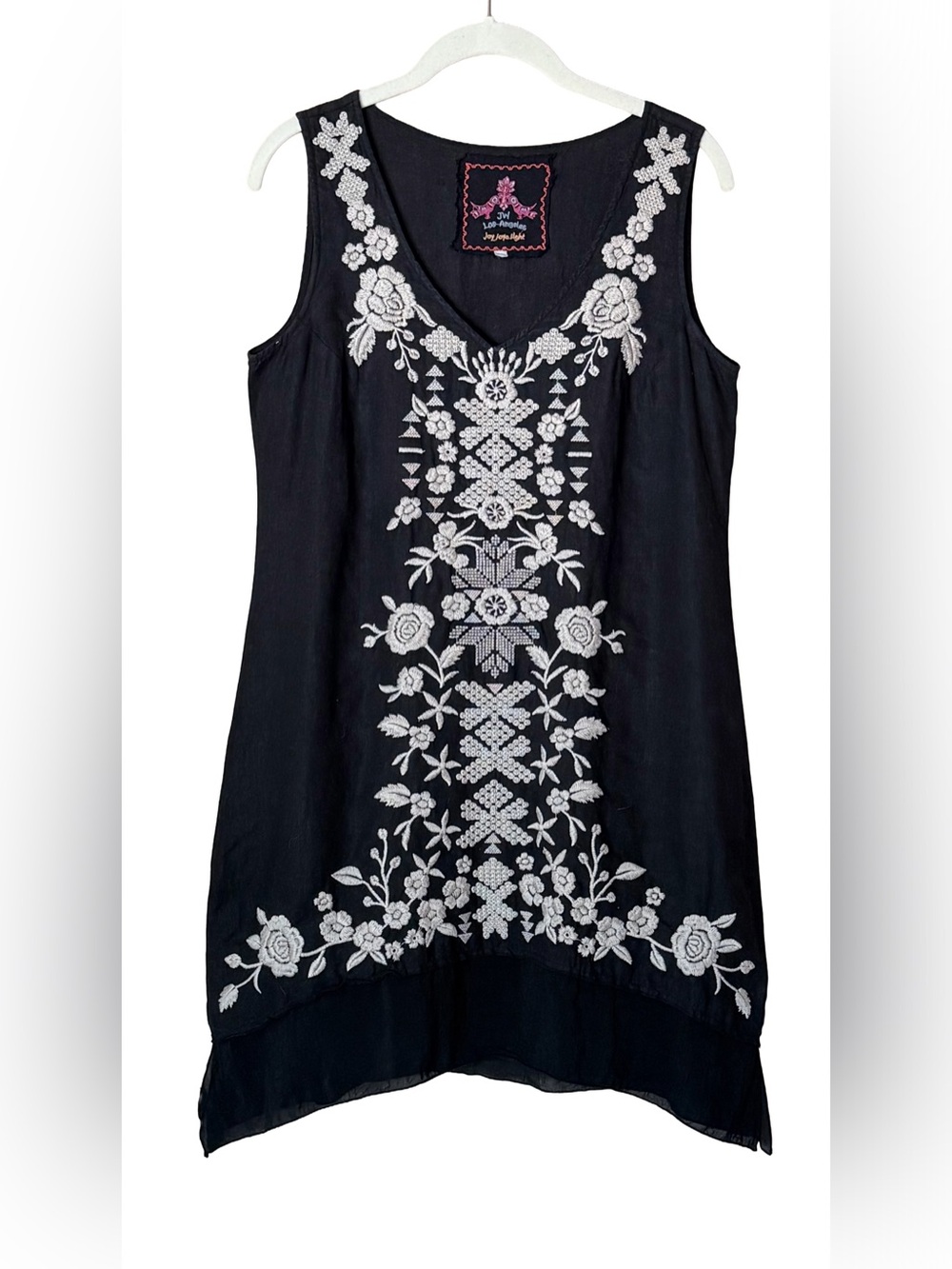 Johnny Was Aoko Embroidered Linen Tunic Top Black Ivory Sleeveless Boho Womens S